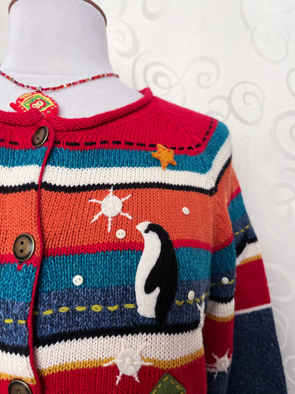 Vintage Susan Bristol knit cardigan with embroidered details & penguin patchwork 🐧❄️