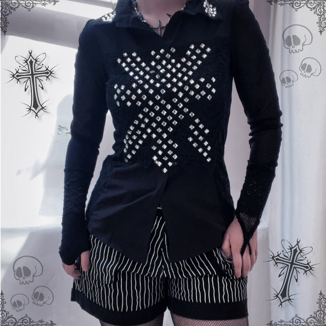Y2K Gothic lace & mesh beaded top 🦇