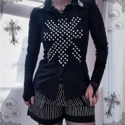 Y2K Gothic lace & mesh beaded top 🦇