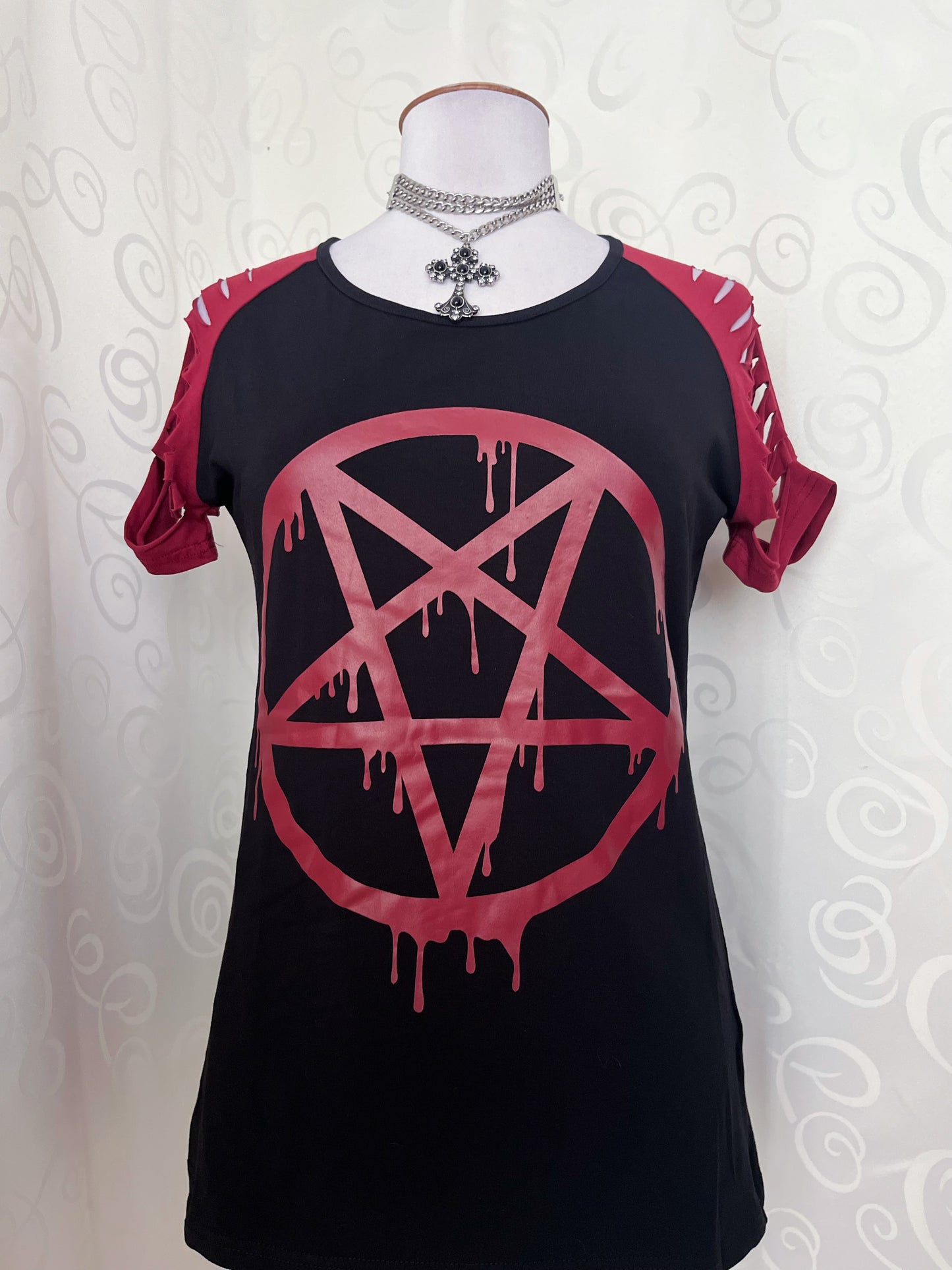 Gothicana pentagram print Tee with ripped shoulders 💀