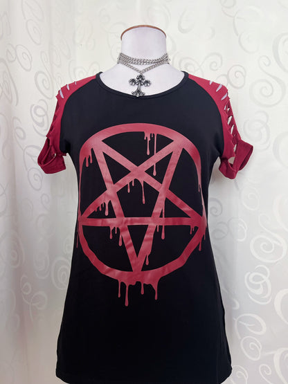 Gothicana pentagram print Tee with ripped shoulders 💀
