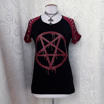 Gothicana pentagram print Tee with ripped shoulders 💀