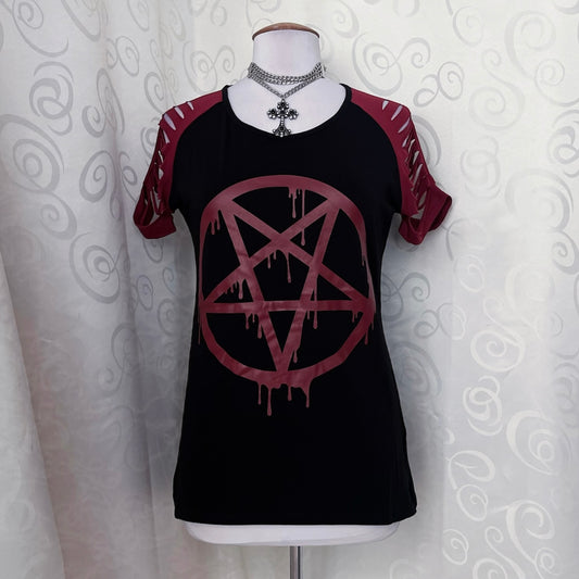 Gothicana pentagram print Tee with ripped shoulders 💀