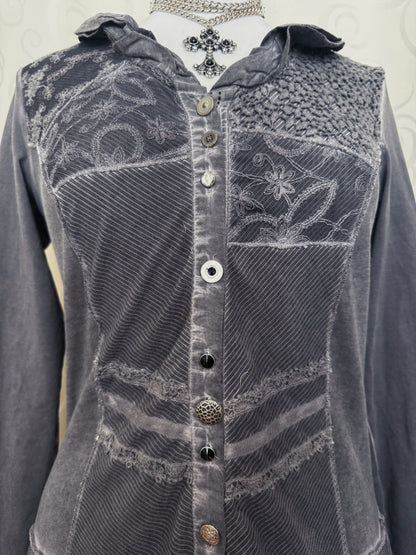 00’s whimsygoth patchwork grey jacket with lace details 🦇🗝️🦋