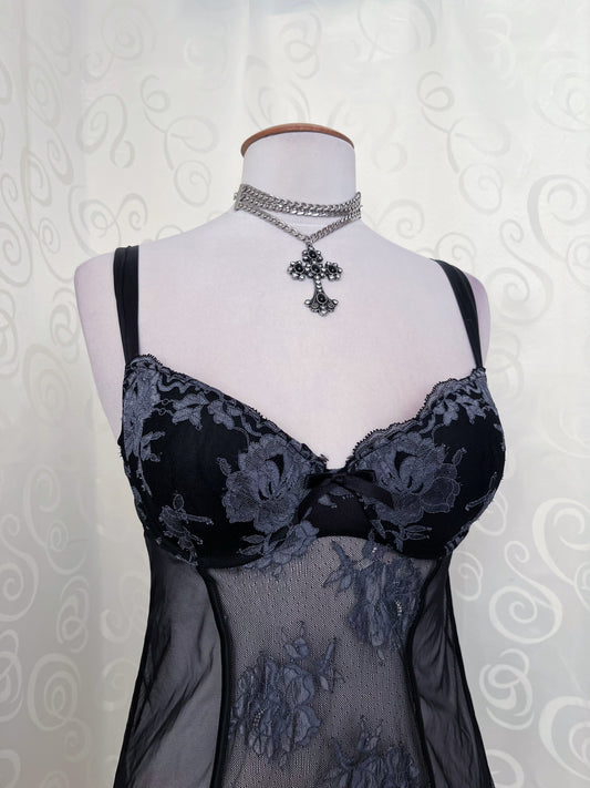 Whimsygoth black & grey mesh nightgown 🕷️