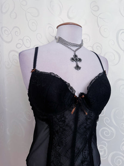 00’s whimsy black lacey corset with brown bow details 🐌 🖤