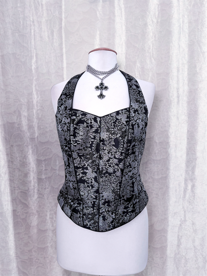 Gothic halter silver corset with lace-up detail 🩶🦇