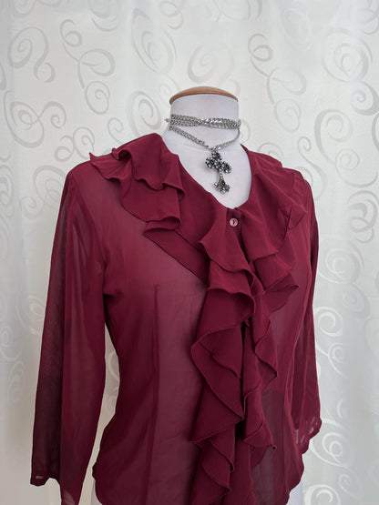 00’s Gothic/Jirai Kei mesh burgundy ruffle shirt 🫀