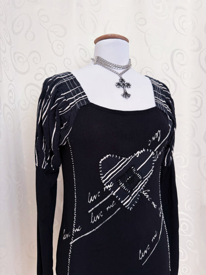 00’s patchwork & stitches heart top with puff sleeves 🪡