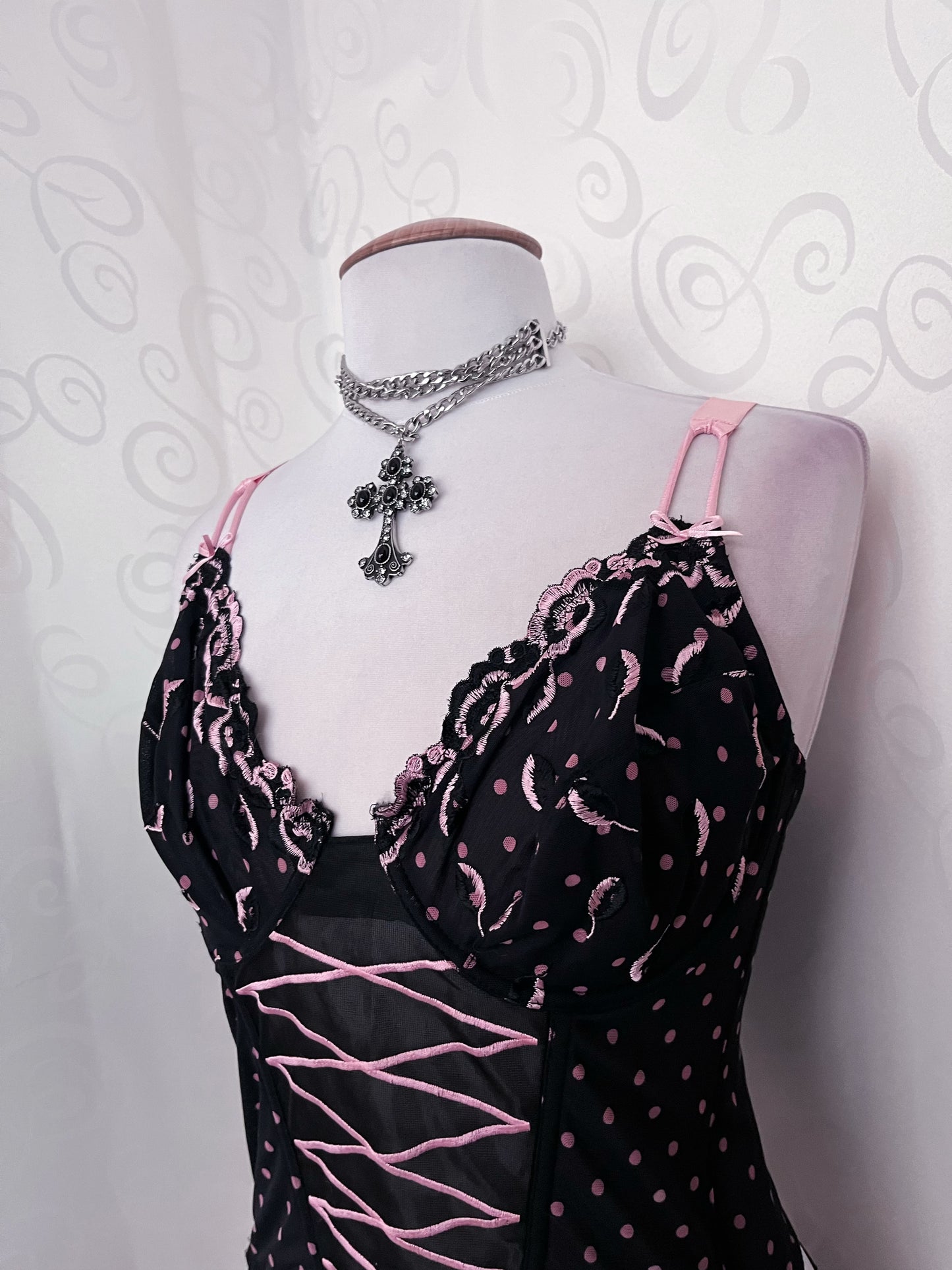 00's dark coquette polka dot lace-up corset 🎀💕