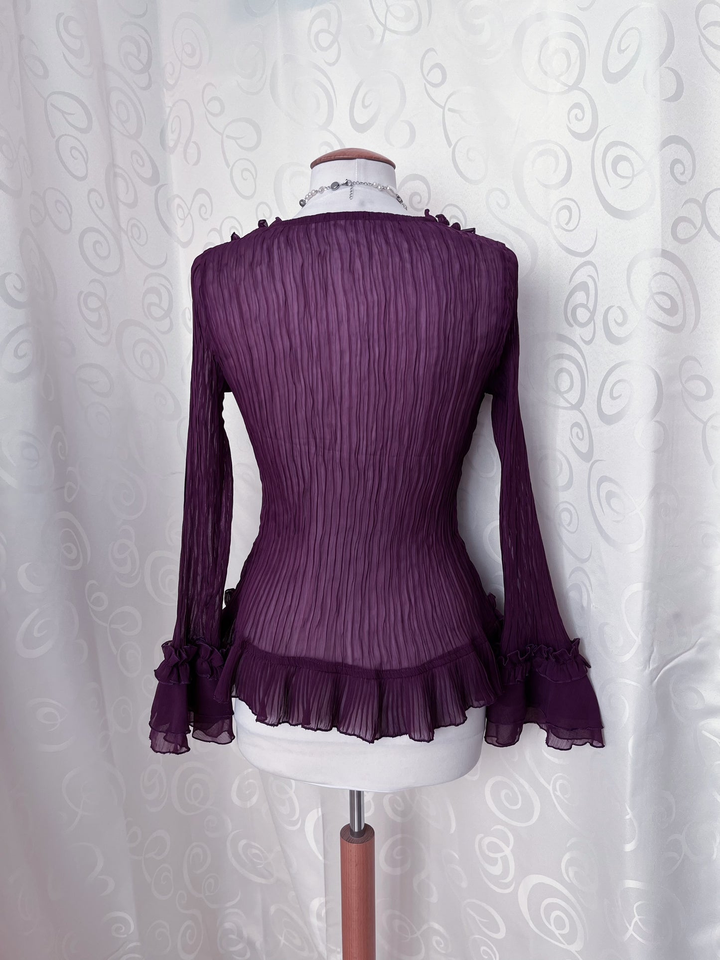 00’s whimsygoth plum ruffle mesh shirt 🔮🦋