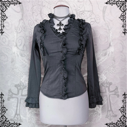00’s Gothic/Jirai Kei grey ruffle shirt 🌀🩶