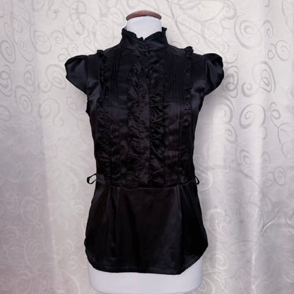 00’s Gothic/ Jfashion style black ruffle satin shirt 🦇🌀🗝️