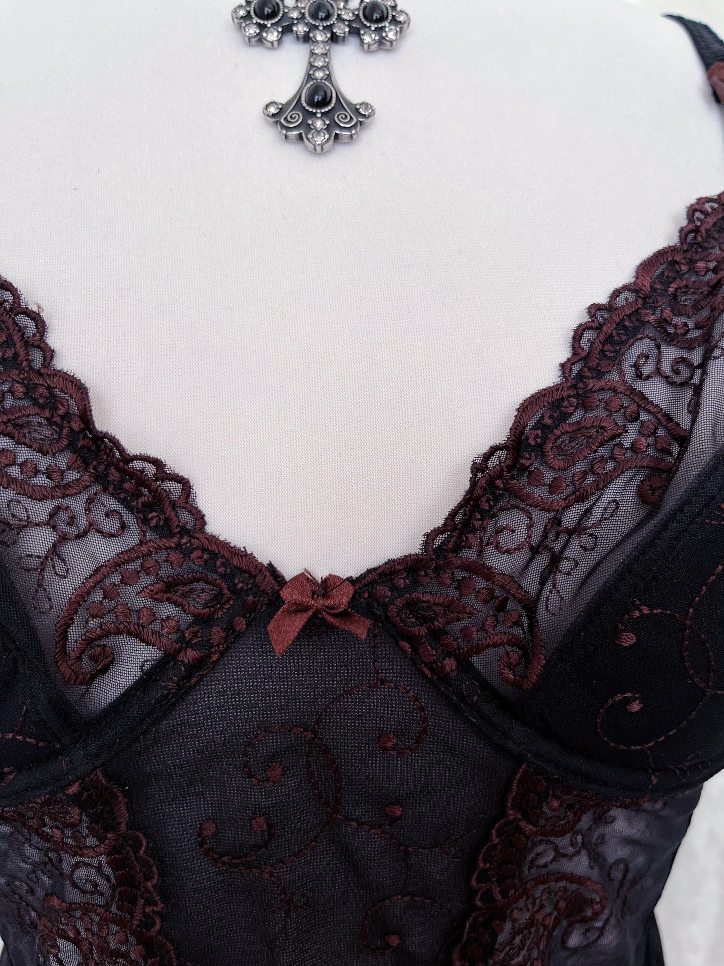 Whimsy mesh black corset with brown embroidery ✨