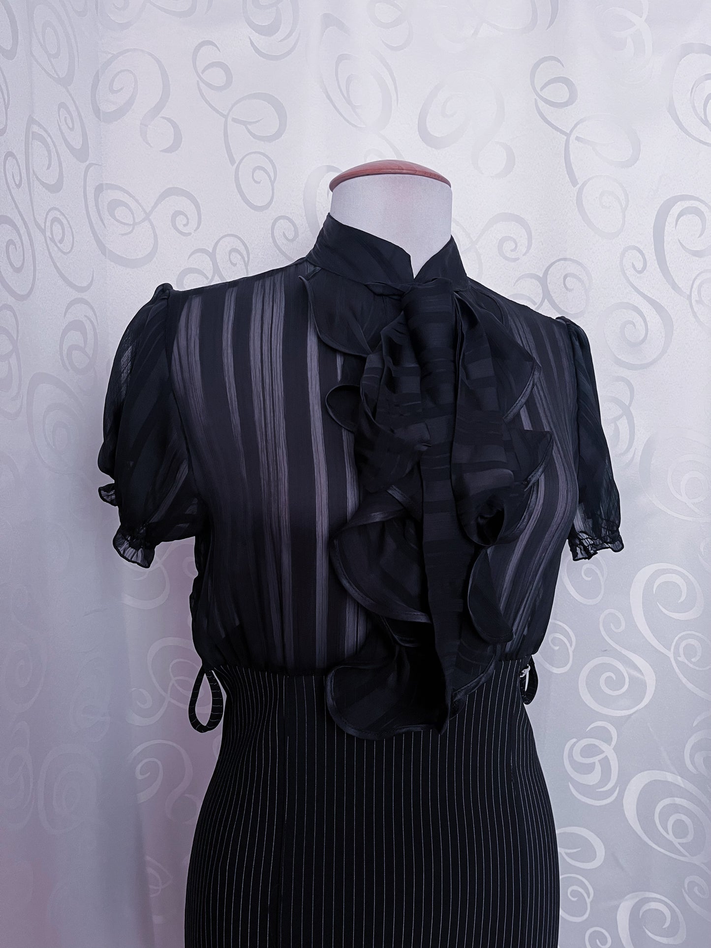 00’s new deadstock Office Goth striped & mesh dress with ruffle detail 🕷️
