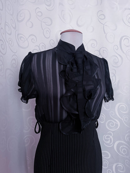 00’s new deadstock Office Goth striped & mesh dress with ruffle detail 🕷️