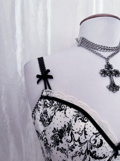 Gothic coquette white corset with black print details 🕷️🎀