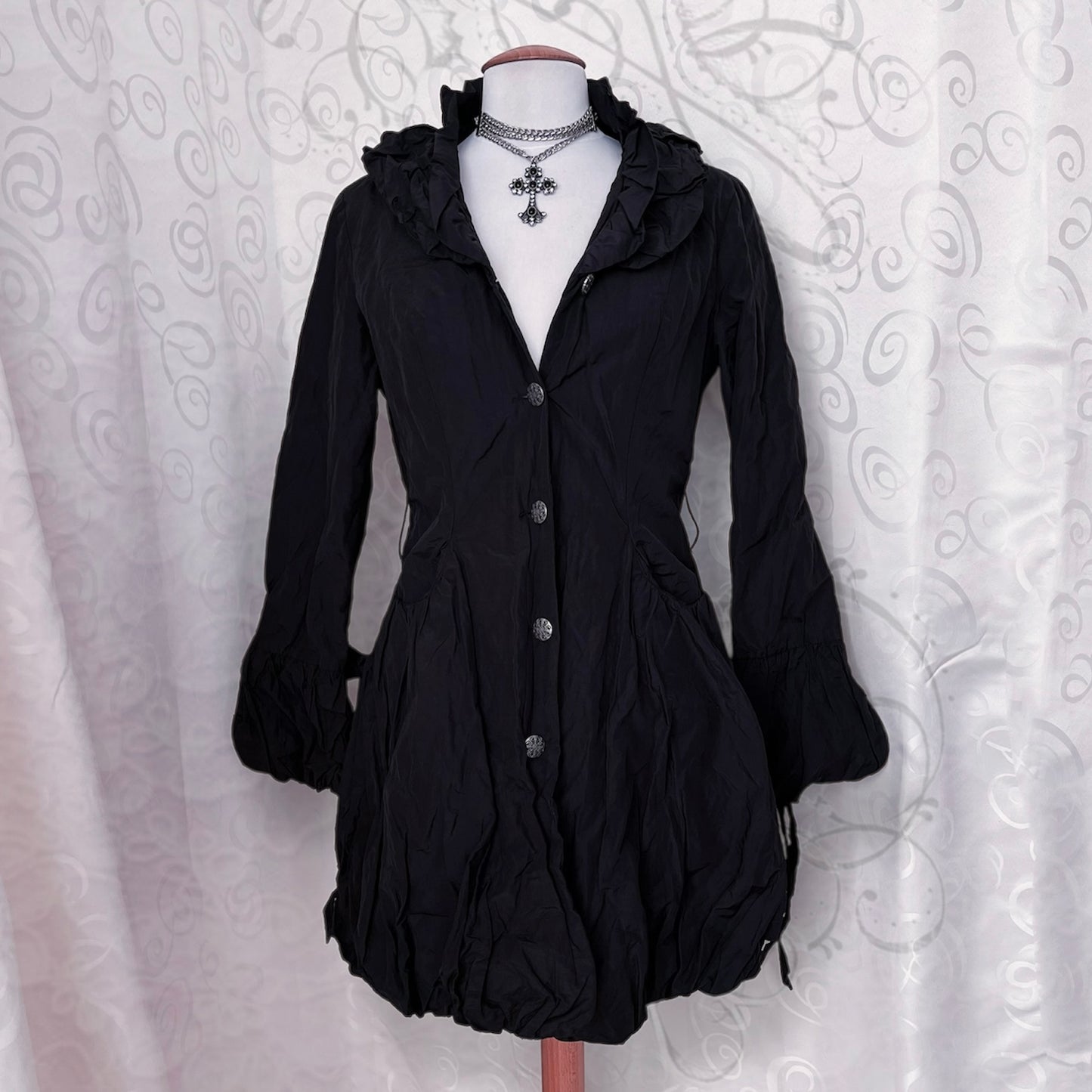 00’s Gothic / Jirai Kei light black coat with ruffle details 🌀🕷️