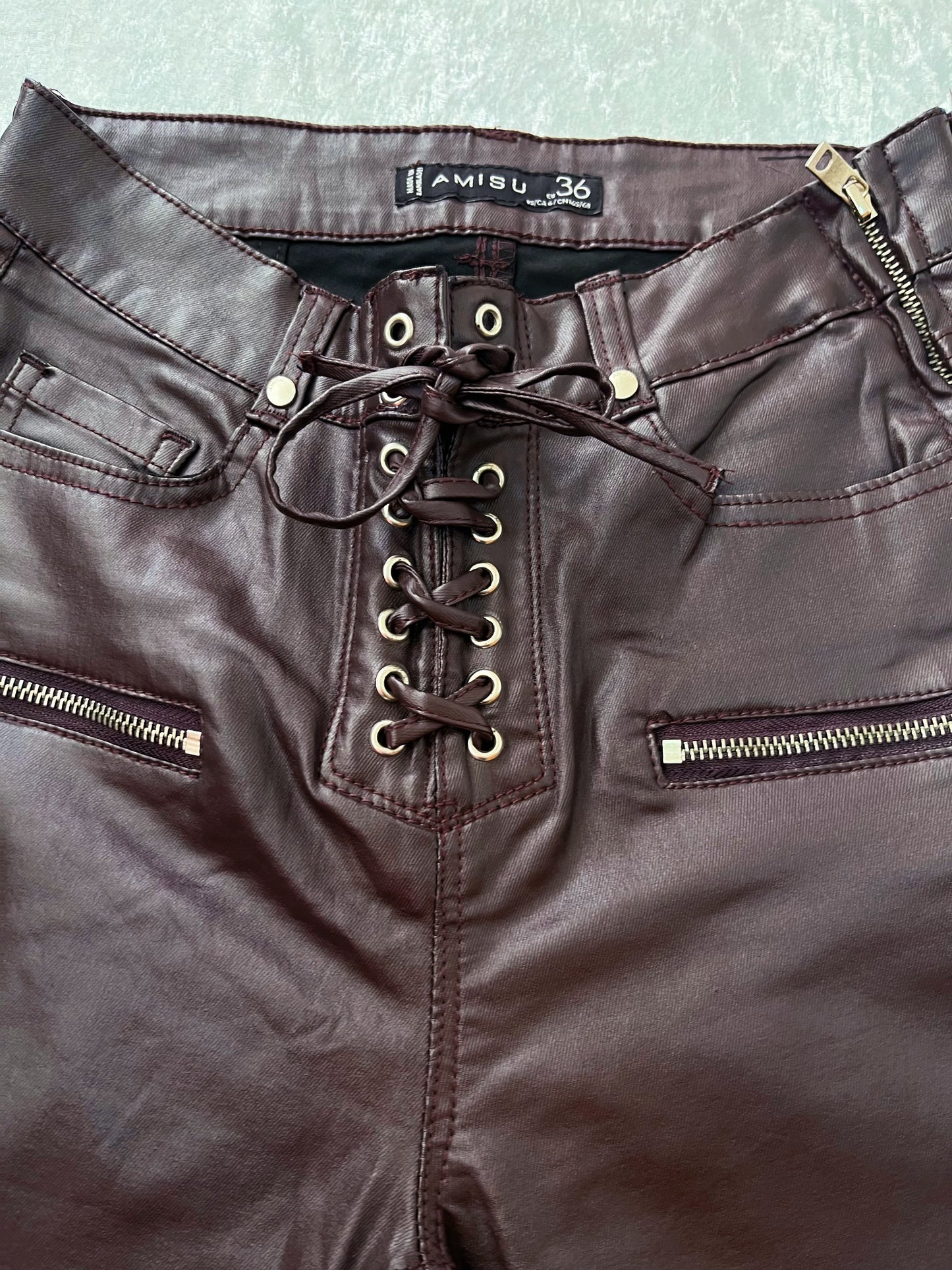 Alternative dark brown faux leather pants with lace-up details 🦇