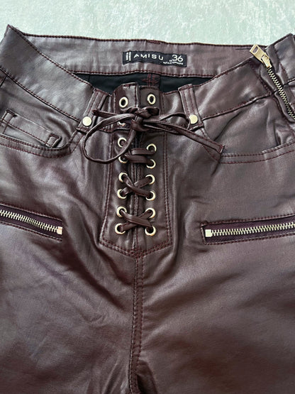 Alternative dark brown faux leather pants with lace-up details 🦇