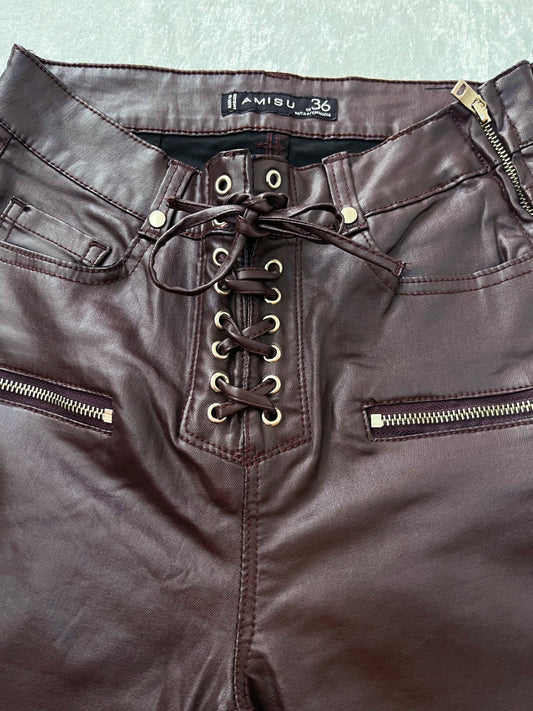 Alternative dark brown faux leather pants with lace-up details 🦇