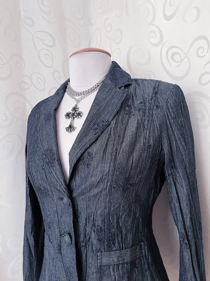 00’s whimsygoth striped & embroidered grey blazer 🌀🥀