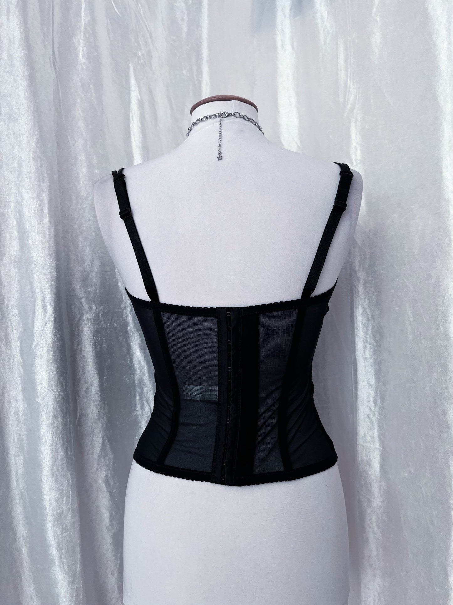 Gothic black mesh corset with velvet embossed details 🕸️