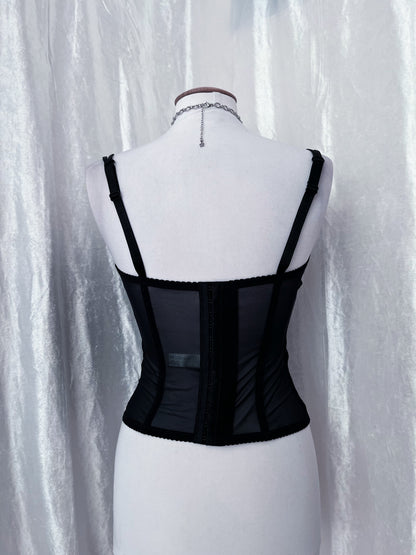 Gothic black mesh corset with velvet embossed details 🕸️