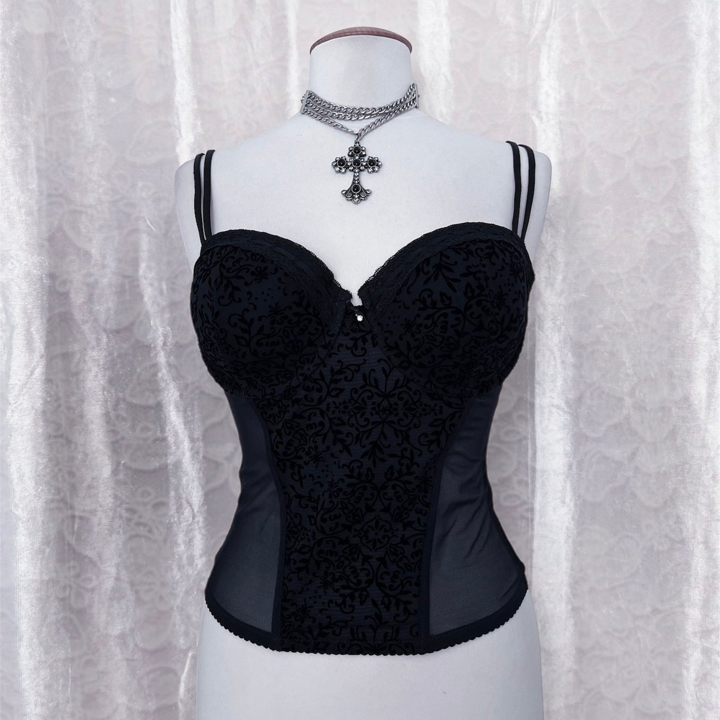 Gothic black mesh corset with velvet embossed details 🕸️