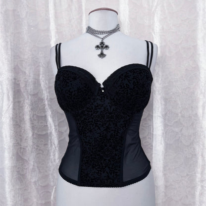 Gothic black mesh corset with velvet embossed details 🕸️