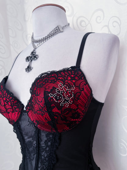 Iconic mesh black corset with lace-up details & red lacey bustier ❤️🕷️