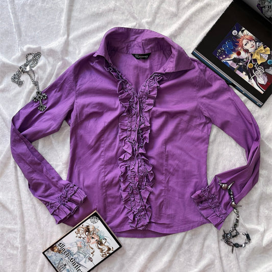 Gothic coquette bright violet cotton shirt with ruffle detail 💜