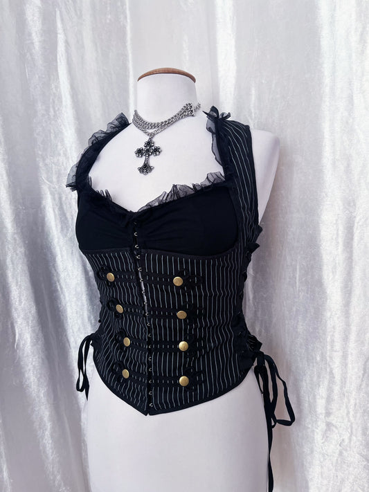 Spin Doctor gothic vest striped cotton corset with lace-up details 🦇