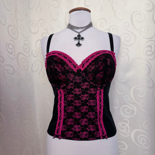 Dark Coquette black & pink lacey & mesh corset top 🎀🦇