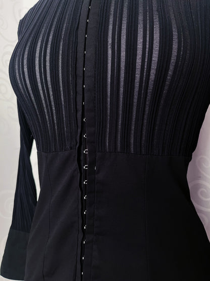 00’s Office Goth black shirt with sheer bustier striped detail 🕷️