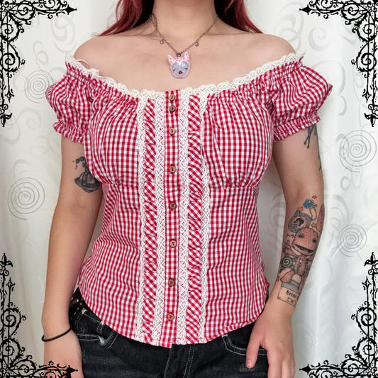 00’s cottagecore/coquette plaid red top 🍓