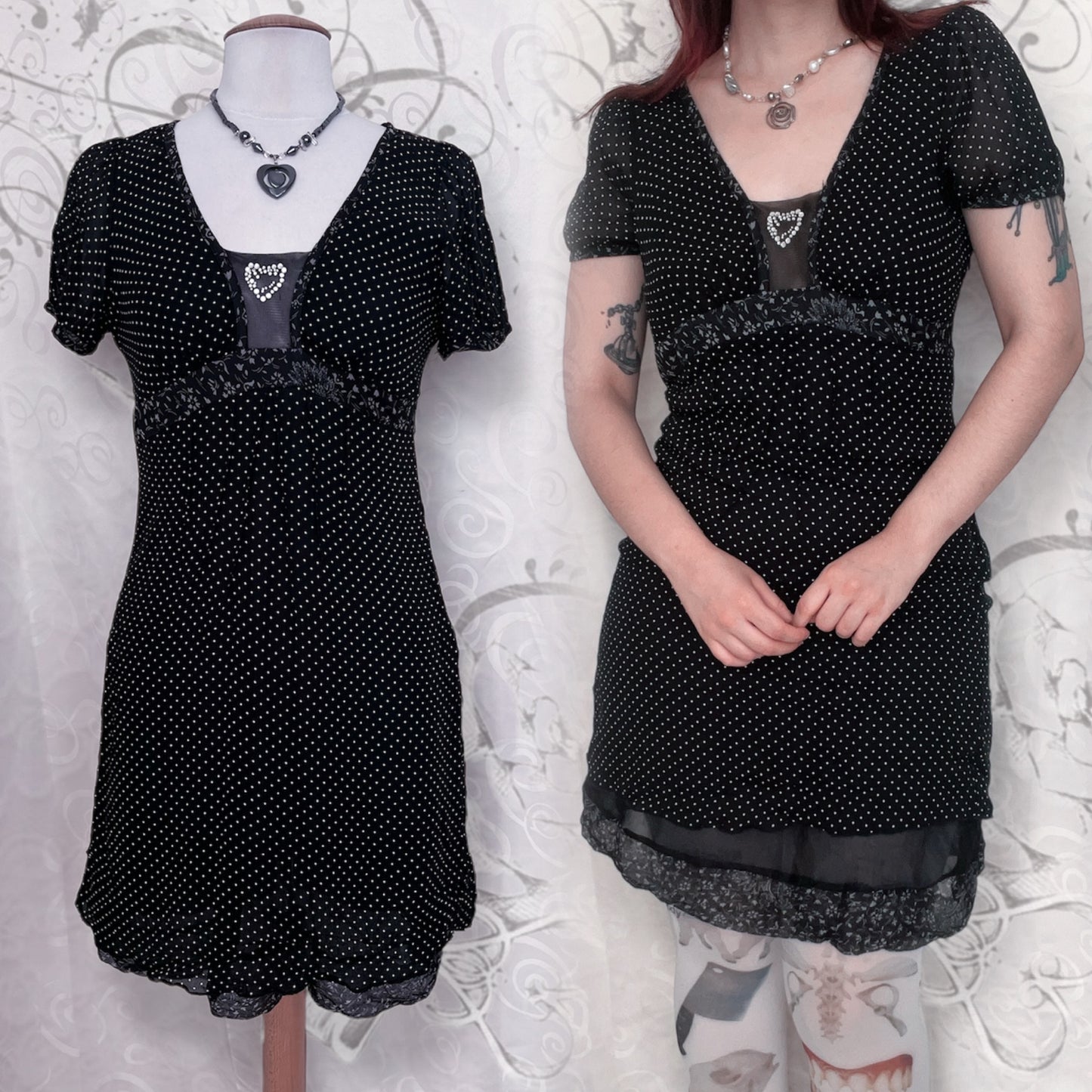 Dark coquette polka dot silk & viscose dress with heart bead detail 🎹🎶