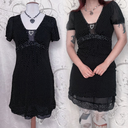 Dark coquette polka dot silk & viscose dress with heart bead detail 🎹🎶