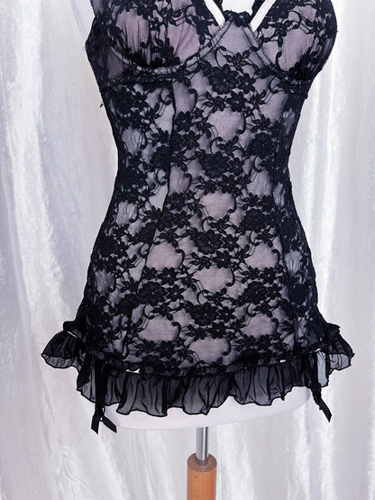 Dark fairy lace babydoll with garter detail 🧚🏽‍♀️