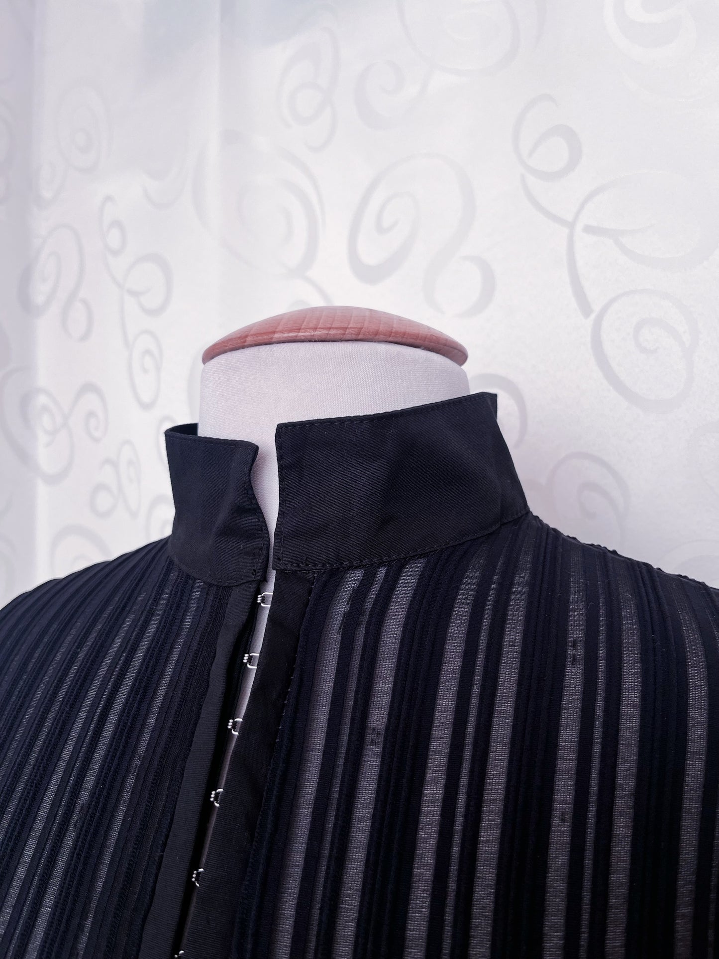 00’s Office Goth black shirt with sheer bustier striped detail 🕷️