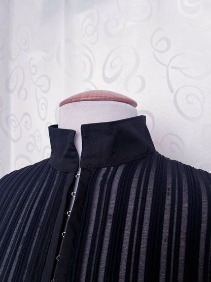 00’s Office Goth black shirt with sheer bustier striped detail 🕷️