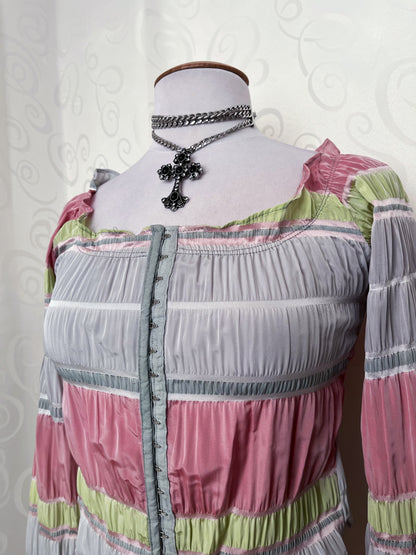 00’s deadstock colorful coquette shirt that closes with metal hooks 💜🌀