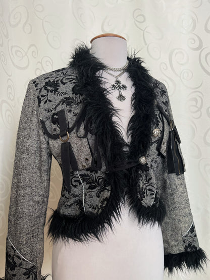 Vintage whimsygoth grey light afghan jacket with velvet, zipper & pocket details 🌀🧚🏾