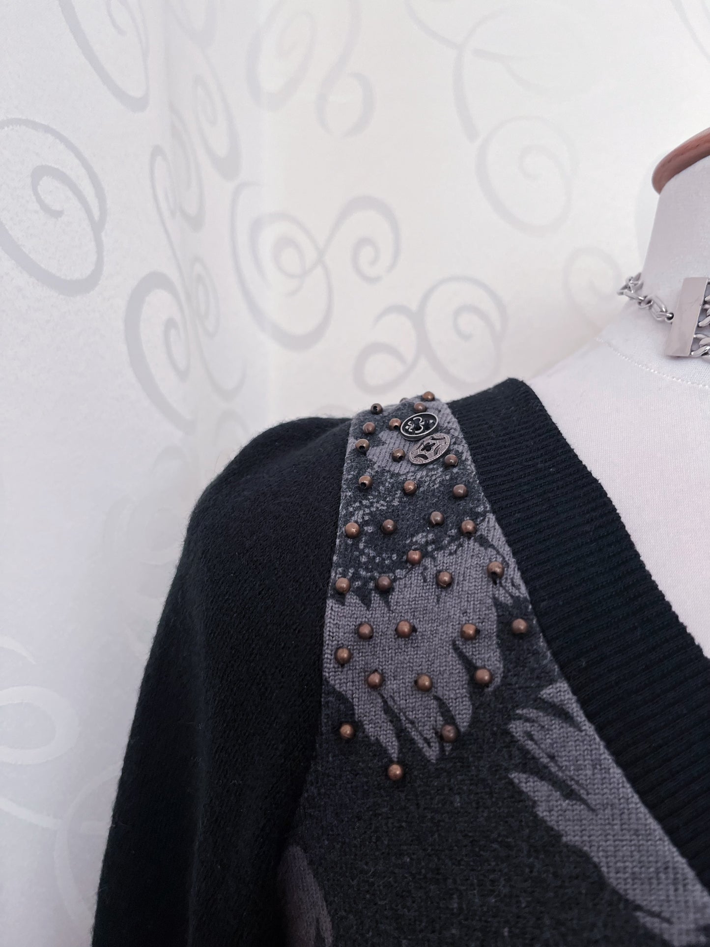 00’s whimsy/steampunk grey patchwork dress with print, beaded & charm details ⚙️🕷️