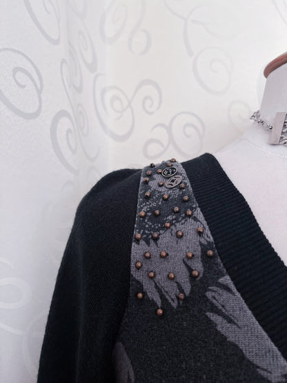00’s whimsy/steampunk grey patchwork dress with print, beaded & charm details ⚙️🕷️