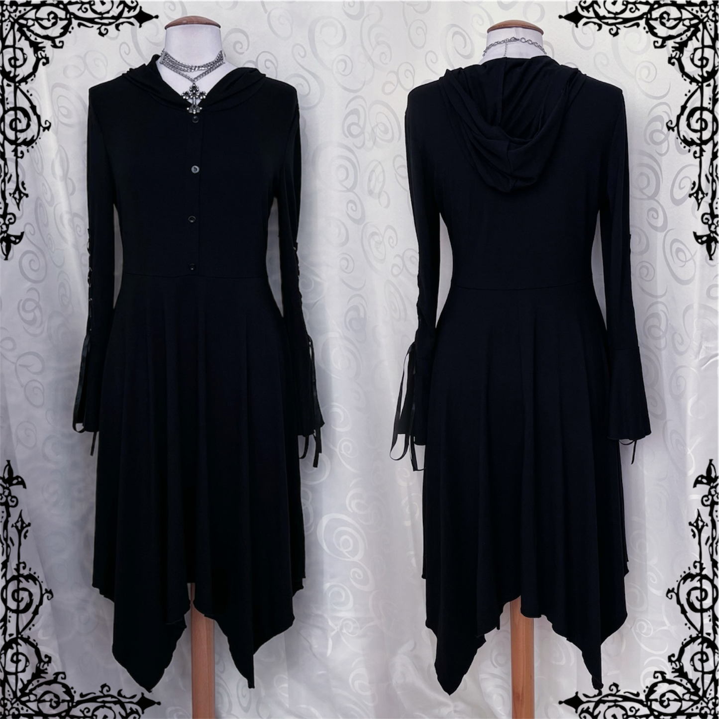 Modern witchy black maxi hooded dress with lace up sleeves 🖤🧙🏻