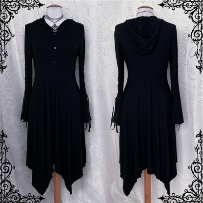 Modern witchy black maxi hooded dress with lace up sleeves 🖤🧙🏻