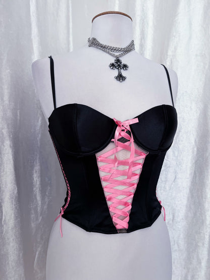 H&M little hot black corset top with lace-up pink bow 🎀