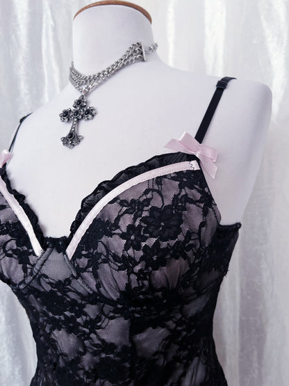 Dark fairy lace babydoll with garter detail 🧚🏽‍♀️