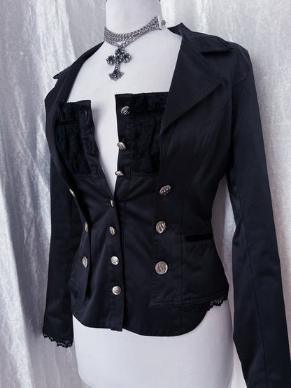 Deadstock Gothic y2k victorian style black blazer & removable top with velvet & lace details 🦇